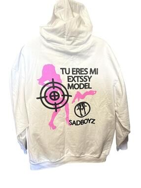 Sadboyz White Hoodie with Pink Graphic Text and Silhouette